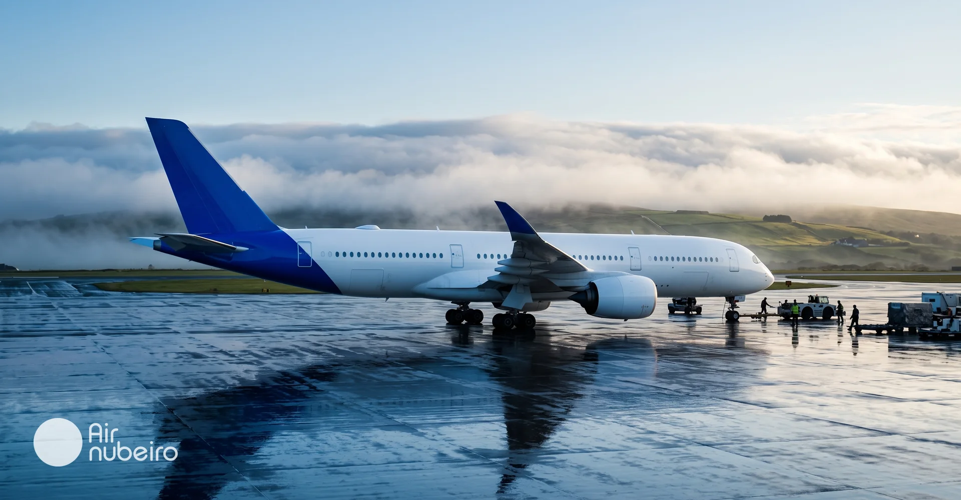 Un Airbus A350 de Air Nubeiro na plataforma ao amencer